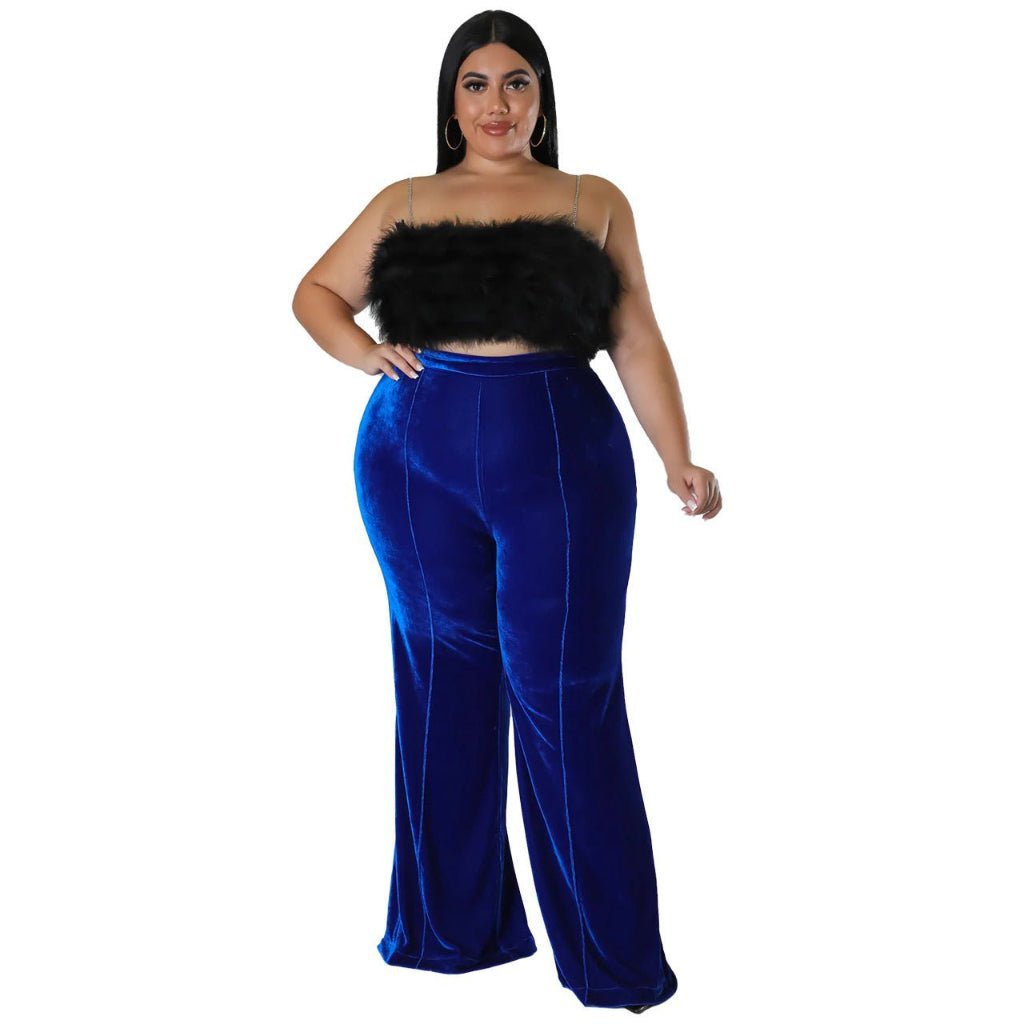 Elevate Your Wardrobe with CurveLoom’s Plus-Size Velvet Patchwork Bootcut Trousers - CurveLoom