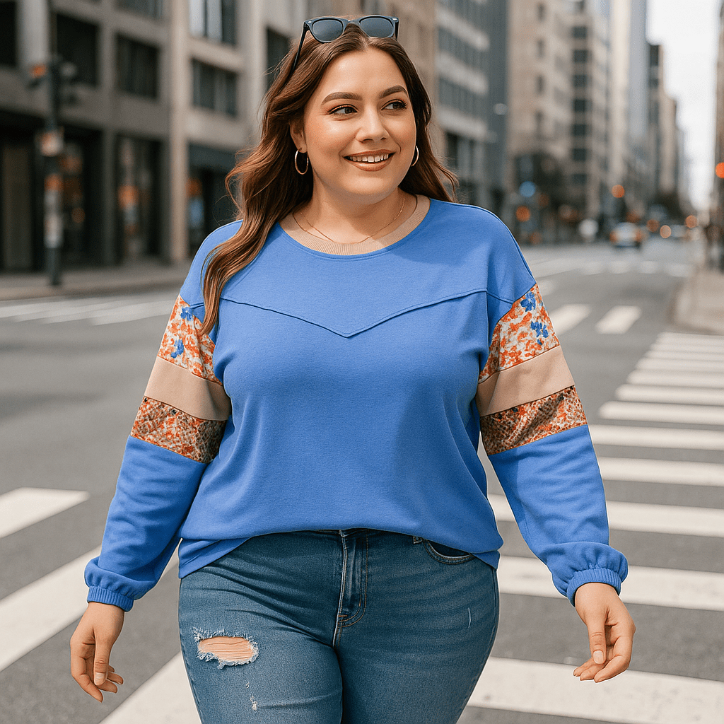 Casual Oversized Sweatshirt with Soft Fabric and Patchwork - CurveLoom