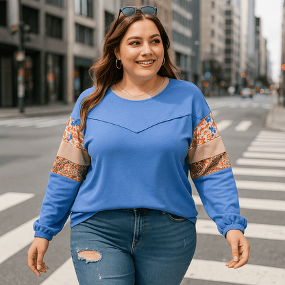 Casual Oversized Sweatshirt with Soft Fabric and Patchwork - CurveLoom
