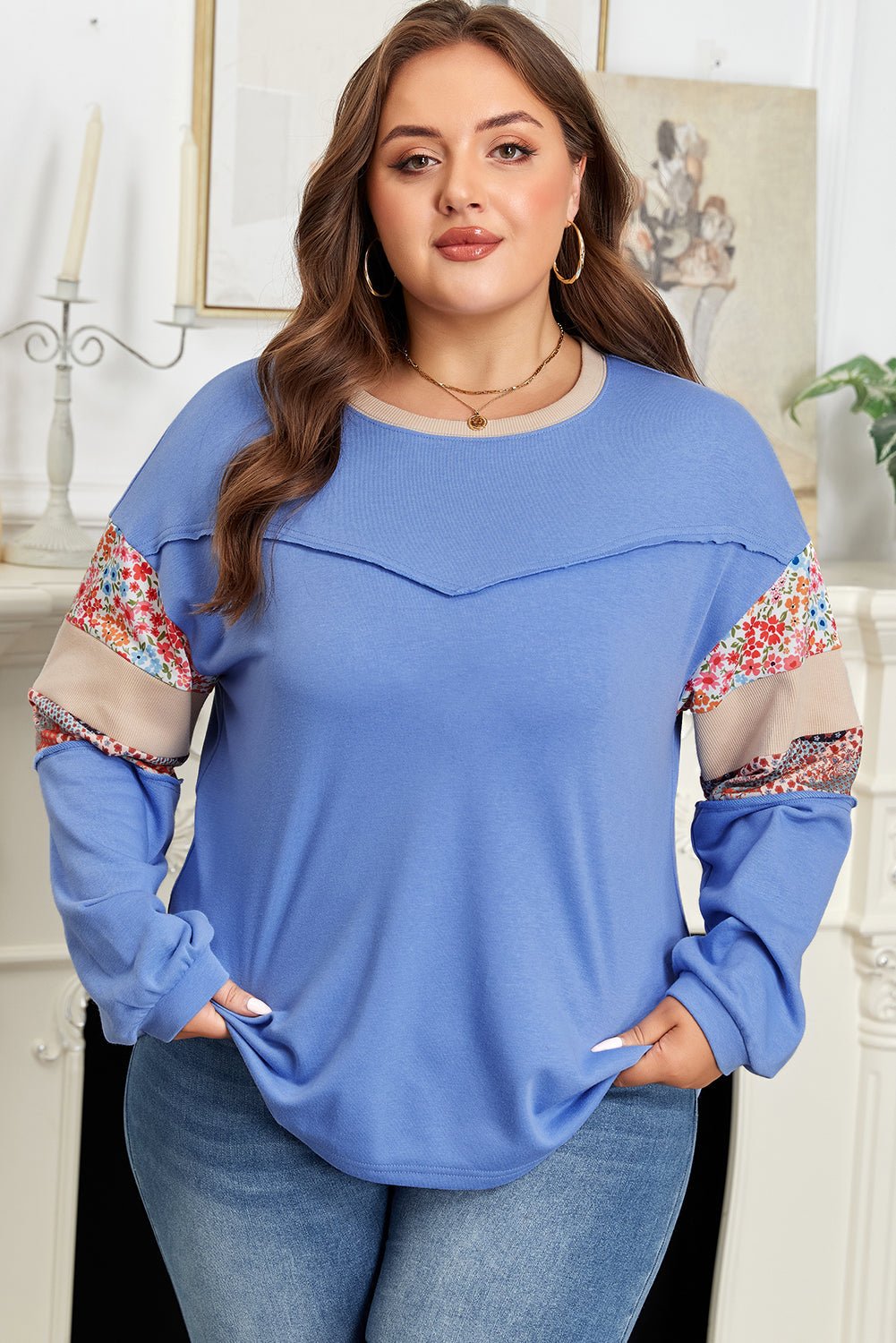 Casual Oversized Sweatshirt with Soft Fabric and Patchwork - CurveLoom