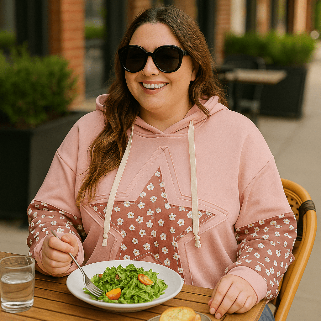 Casual Plus Size Hoodie with Floral Graphic and Color Block - CurveLoom