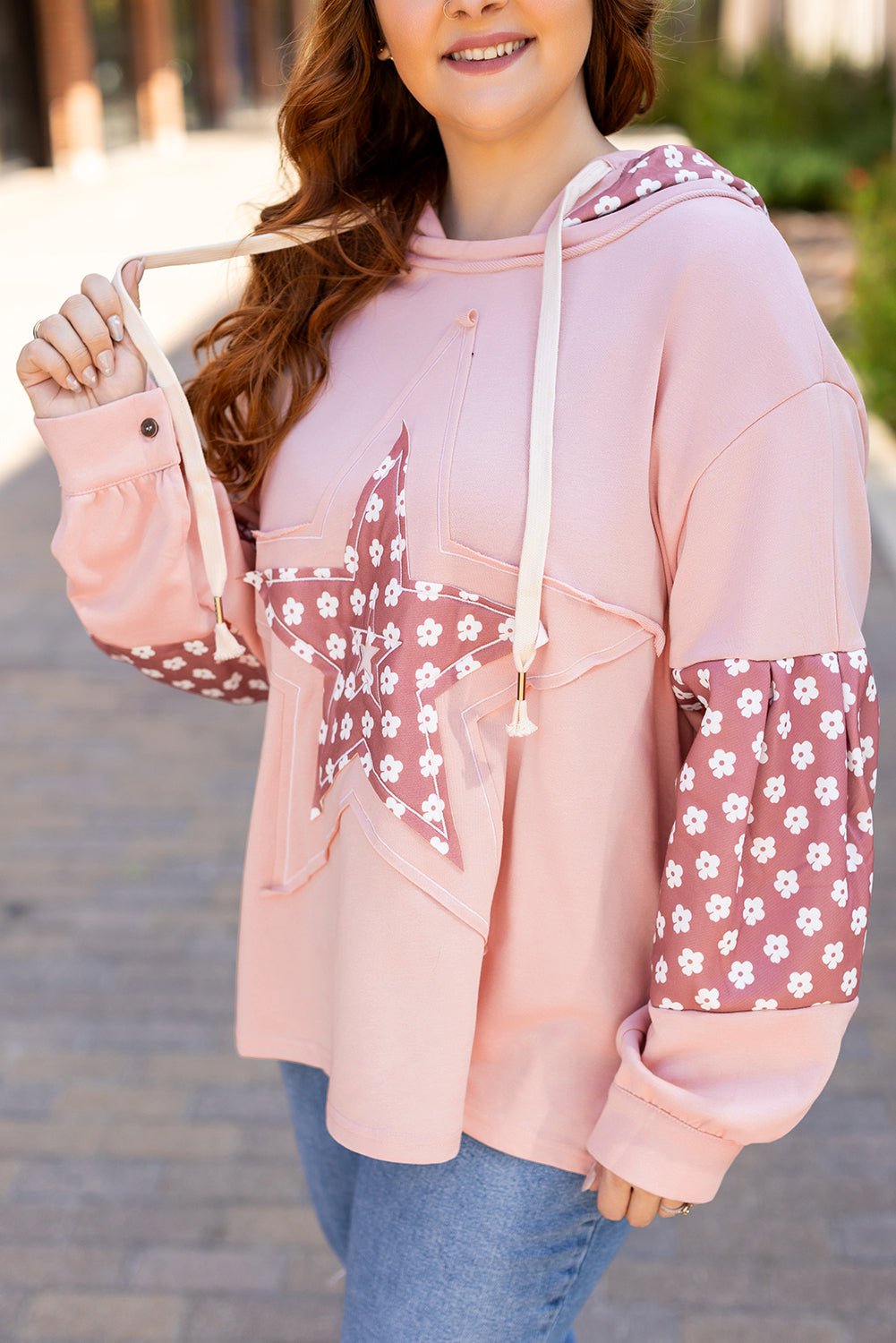 Casual Plus Size Hoodie with Floral Graphic and Color Block - CurveLoom