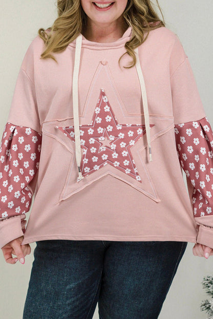 Casual Plus Size Hoodie with Floral Graphic and Color Block - CurveLoom