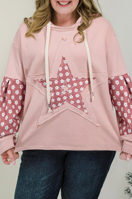 Casual Plus Size Hoodie with Floral Graphic and Color Block - CurveLoom