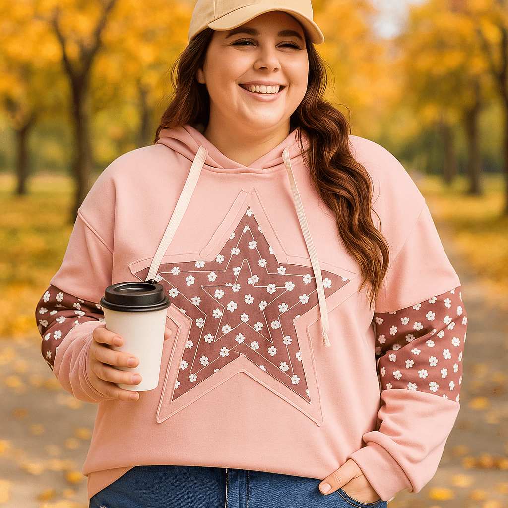 Casual Plus Size Hoodie with Floral Graphic and Color Block - CurveLoom