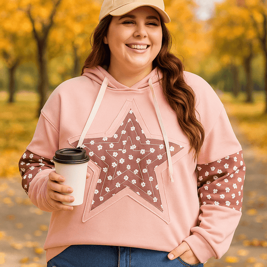Casual Plus Size Hoodie with Floral Graphic and Color Block - CurveLoom