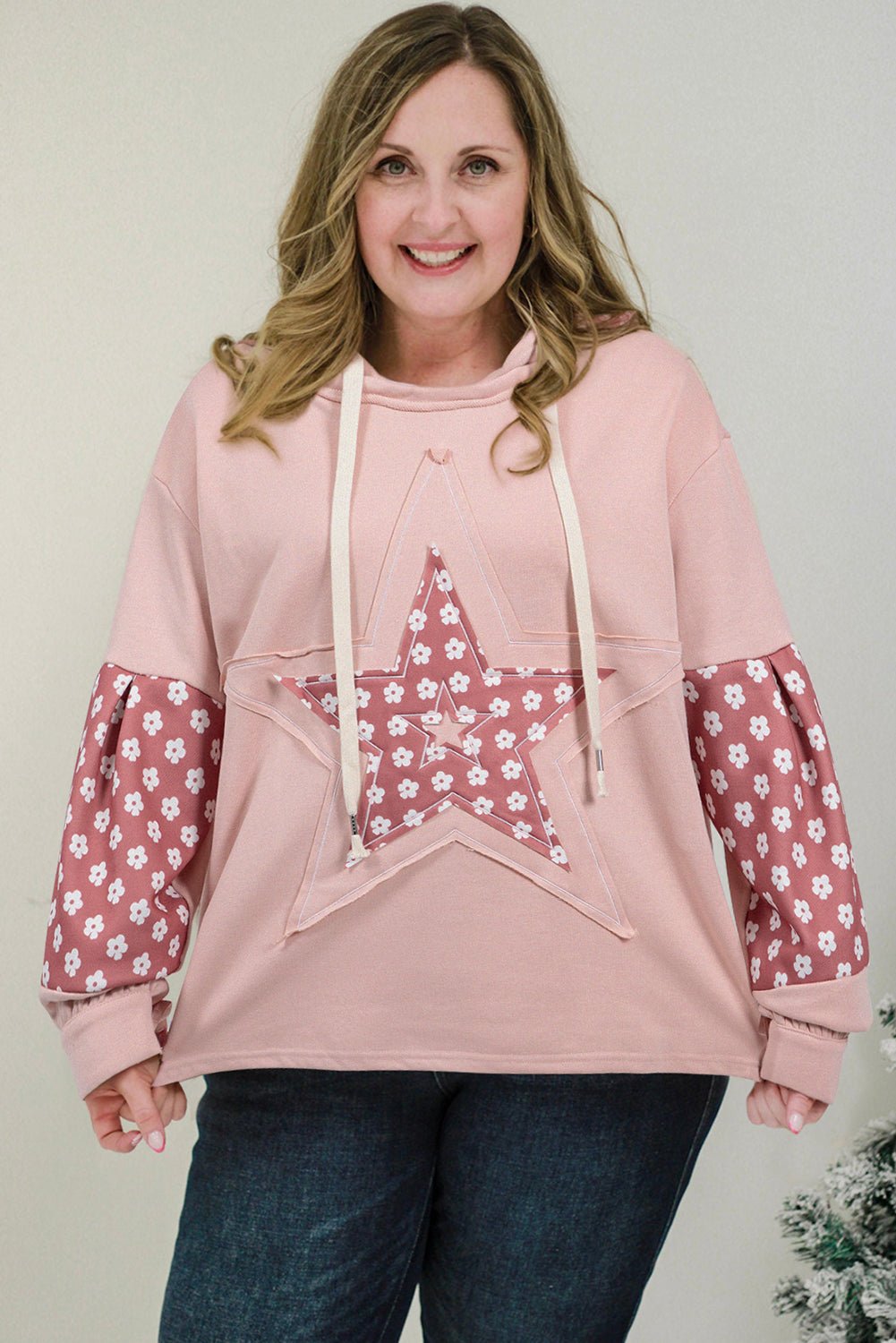 Casual Plus Size Hoodie with Floral Graphic and Color Block - CurveLoom