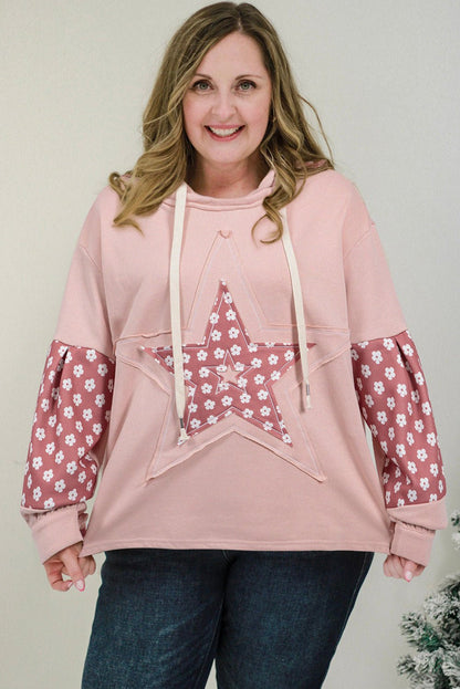 Casual Plus Size Hoodie with Floral Graphic and Color Block - CurveLoom