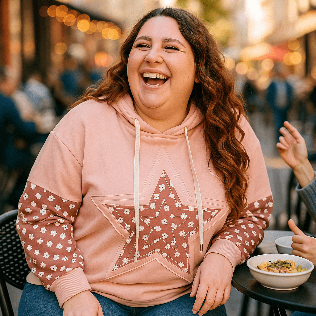 Casual Plus Size Hoodie with Floral Graphic and Color Block - CurveLoom