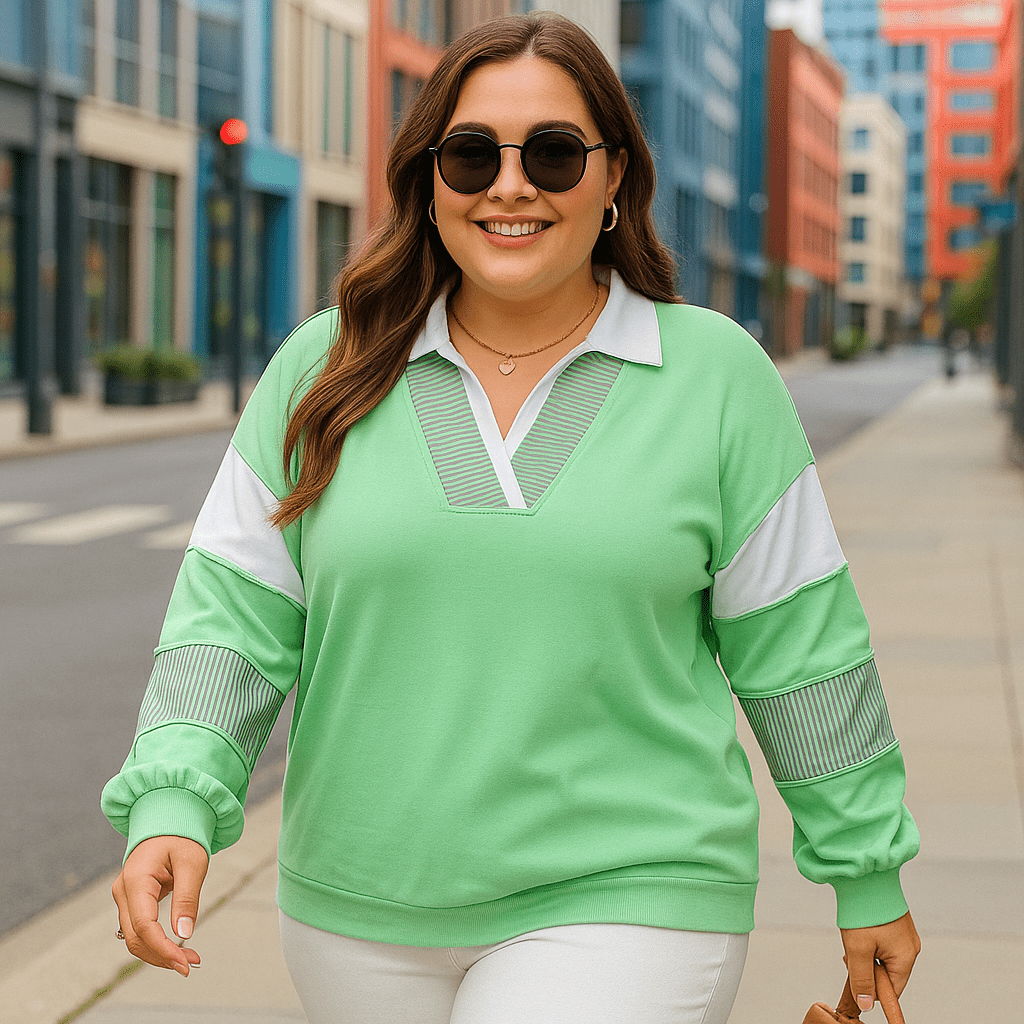Comfortable Plus Size Sweatshirt with Striped Color Block Design - CurveLoom