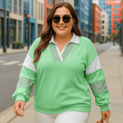 Comfortable Plus Size Sweatshirt with Striped Color Block Design - CurveLoom