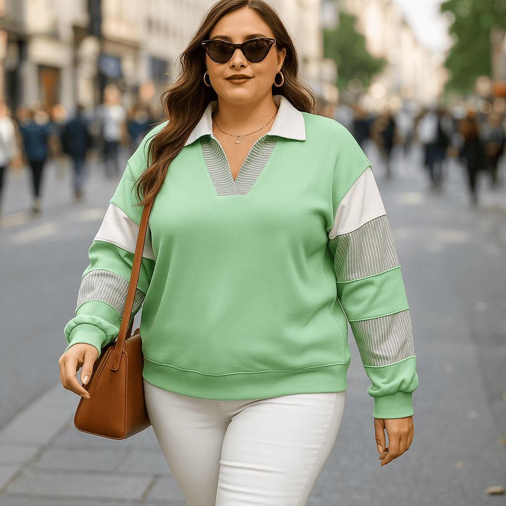 Comfortable Plus Size Sweatshirt with Striped Color Block Design - CurveLoom