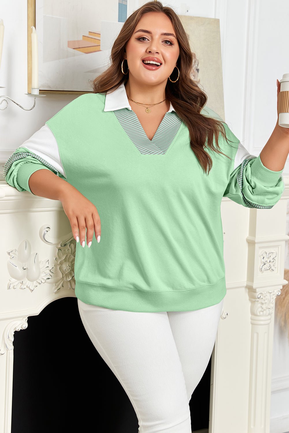 Comfortable Plus Size Sweatshirt with Striped Color Block Design - CurveLoom