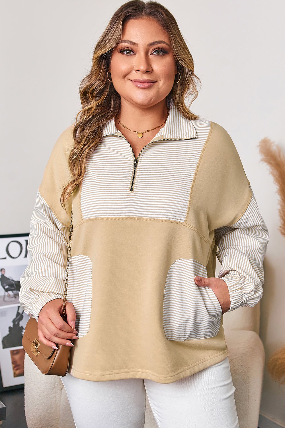 Plus Size Cozy Cotton Blend Half Zip Sweatshirt with Striped Patchwork - CurveLoom