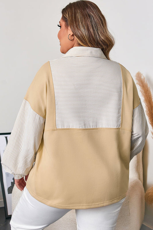 Plus Size Cozy Cotton Blend Half Zip Sweatshirt with Striped Patchwork - CurveLoom
