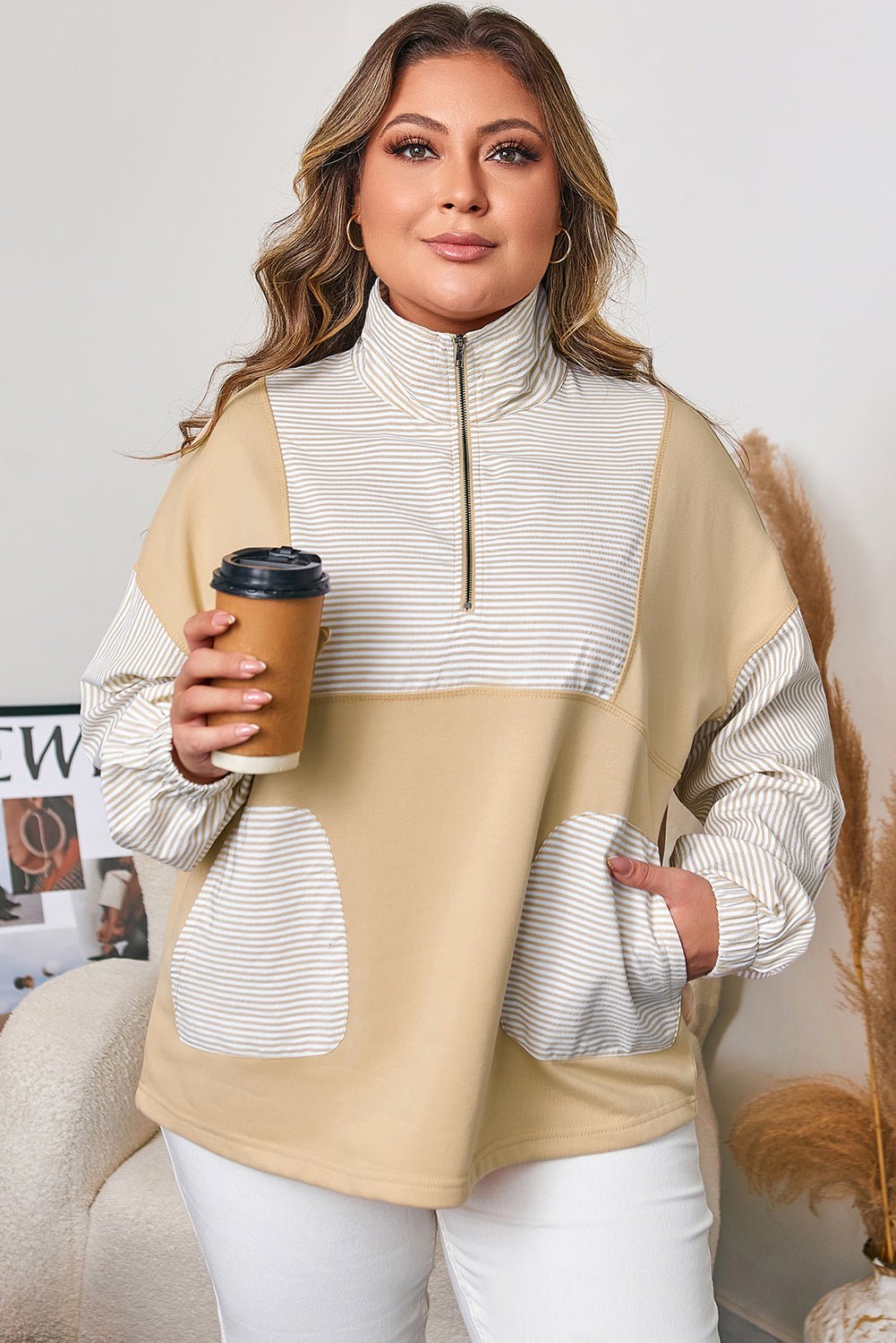 Plus Size Cozy Cotton Blend Half Zip Sweatshirt with Striped Patchwork - CurveLoom