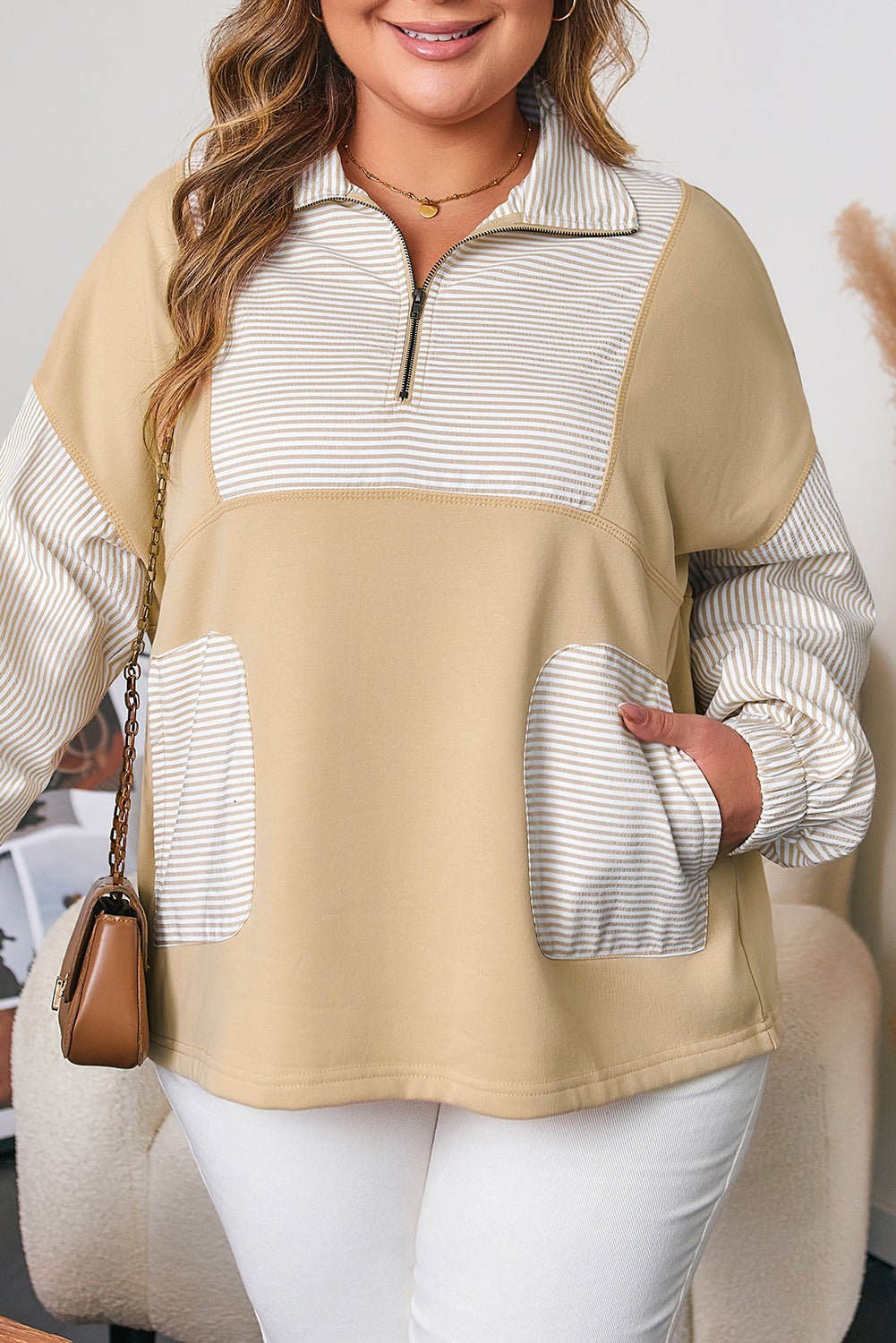 Plus Size Cozy Cotton Blend Half Zip Sweatshirt with Striped Patchwork - CurveLoom
