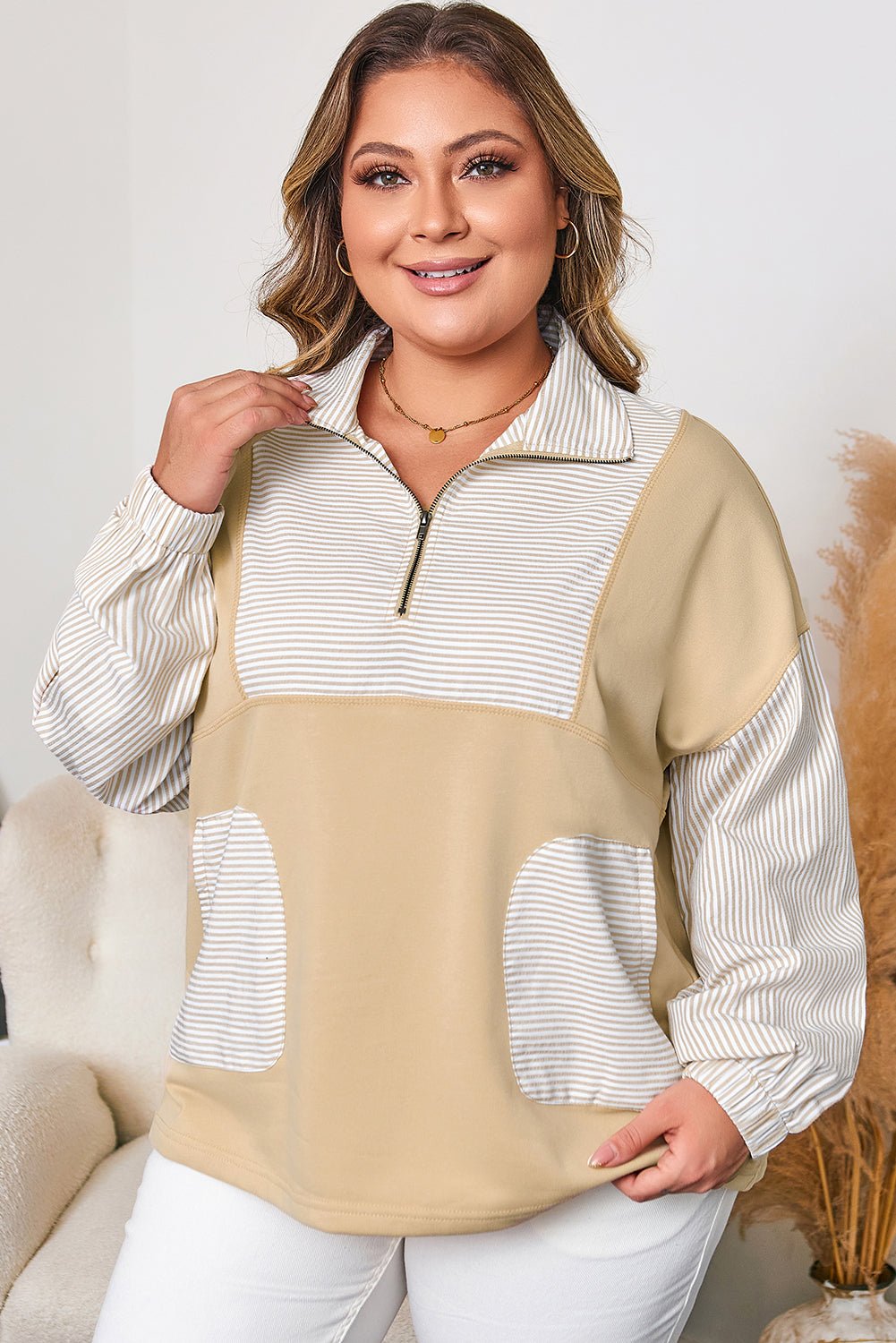 Plus Size Cozy Cotton Blend Half Zip Sweatshirt with Striped Patchwork - CurveLoom