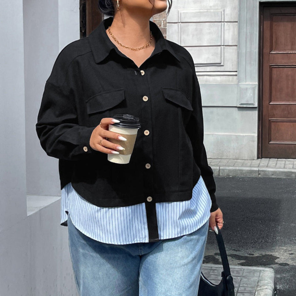 Plus Size Early Spring Autumn Coat Women Short Simple Patchwork Stripes Fashionable Jacket - CurveLoom