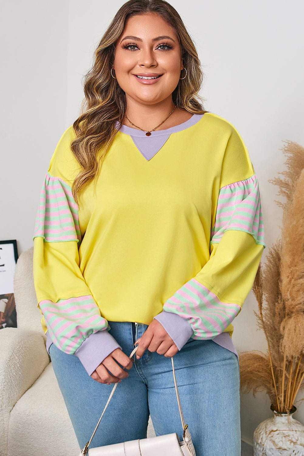 Plus Size Sweatshirt with Striped Color Block and Soft Fabric - CurveLoom