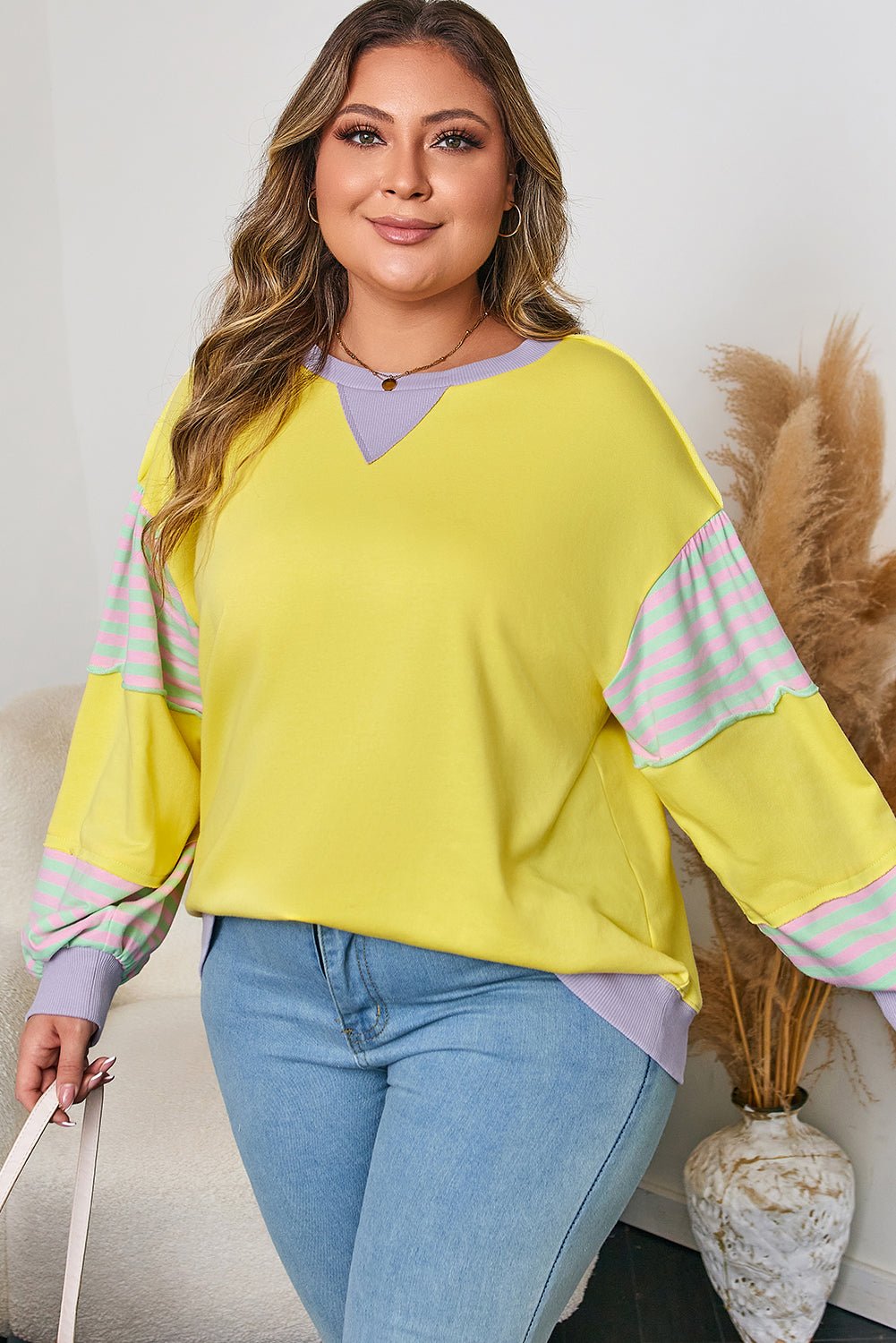 Plus Size Sweatshirt with Striped Color Block and Soft Fabric - CurveLoom