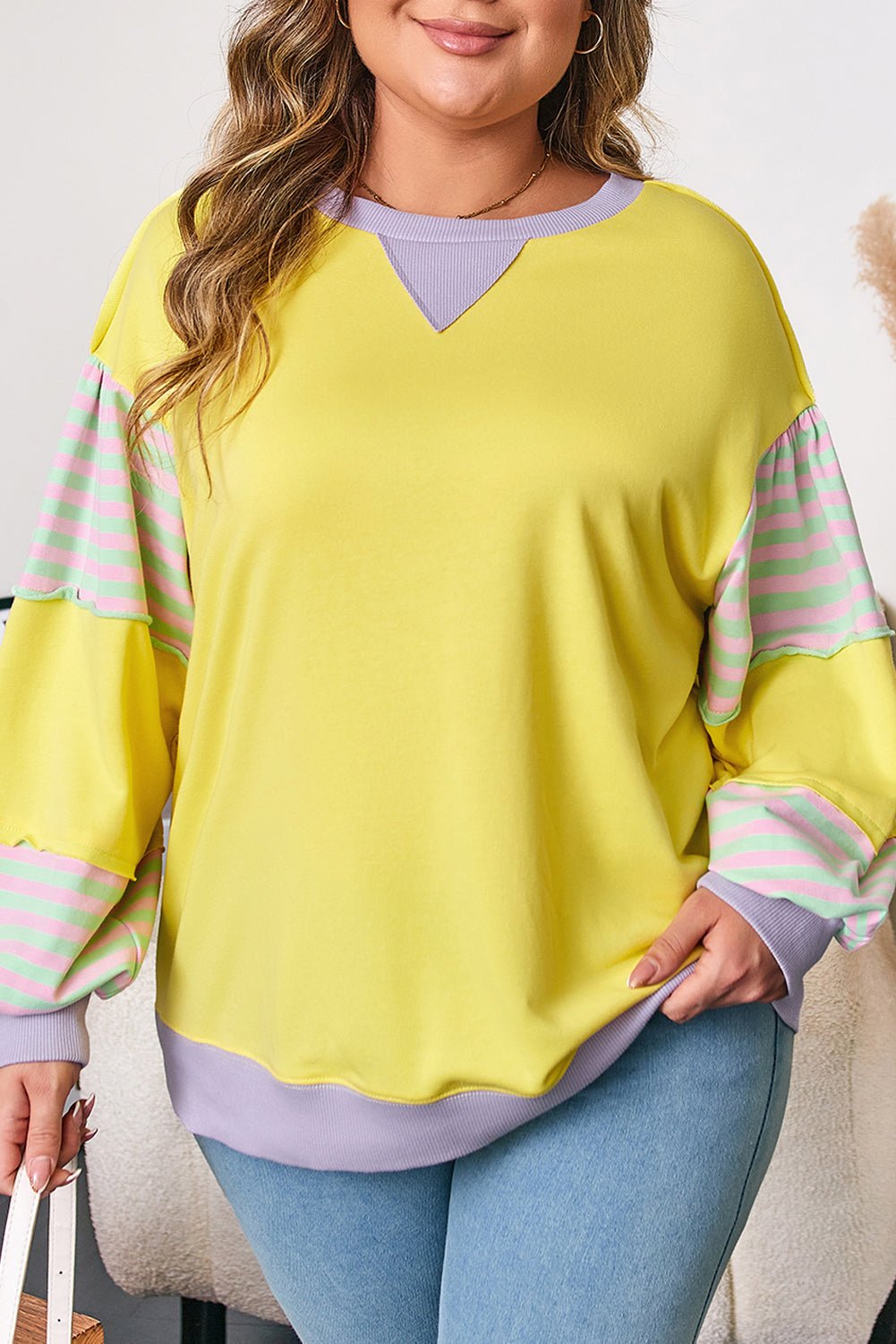 Plus Size Sweatshirt with Striped Color Block and Soft Fabric - CurveLoom