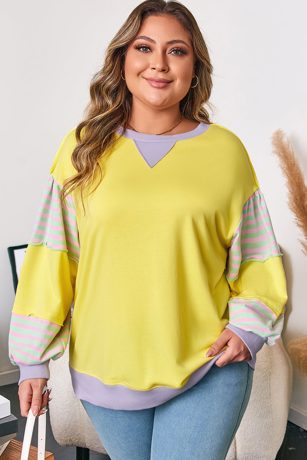 Plus Size Sweatshirt with Striped Color Block and Soft Fabric - CurveLoom