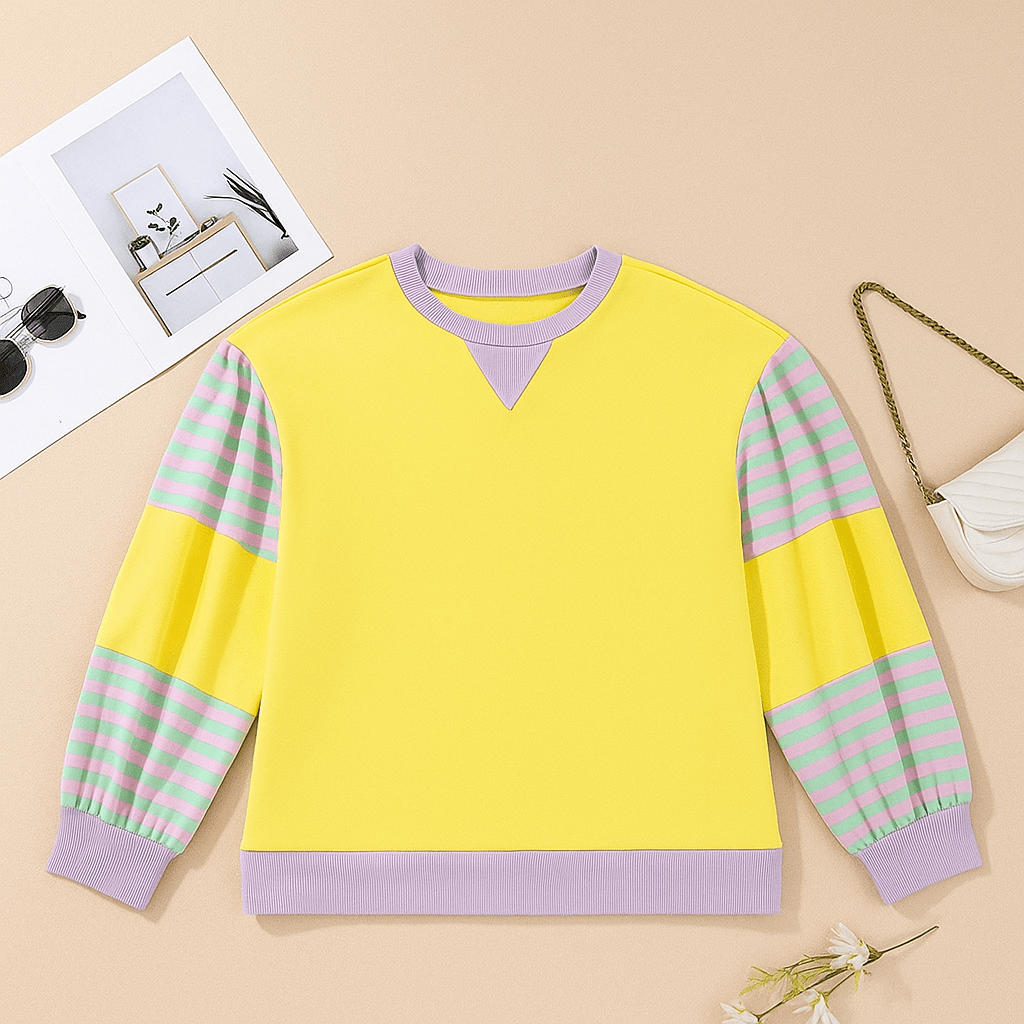 Plus Size Sweatshirt with Striped Color Block and Soft Fabric - CurveLoom