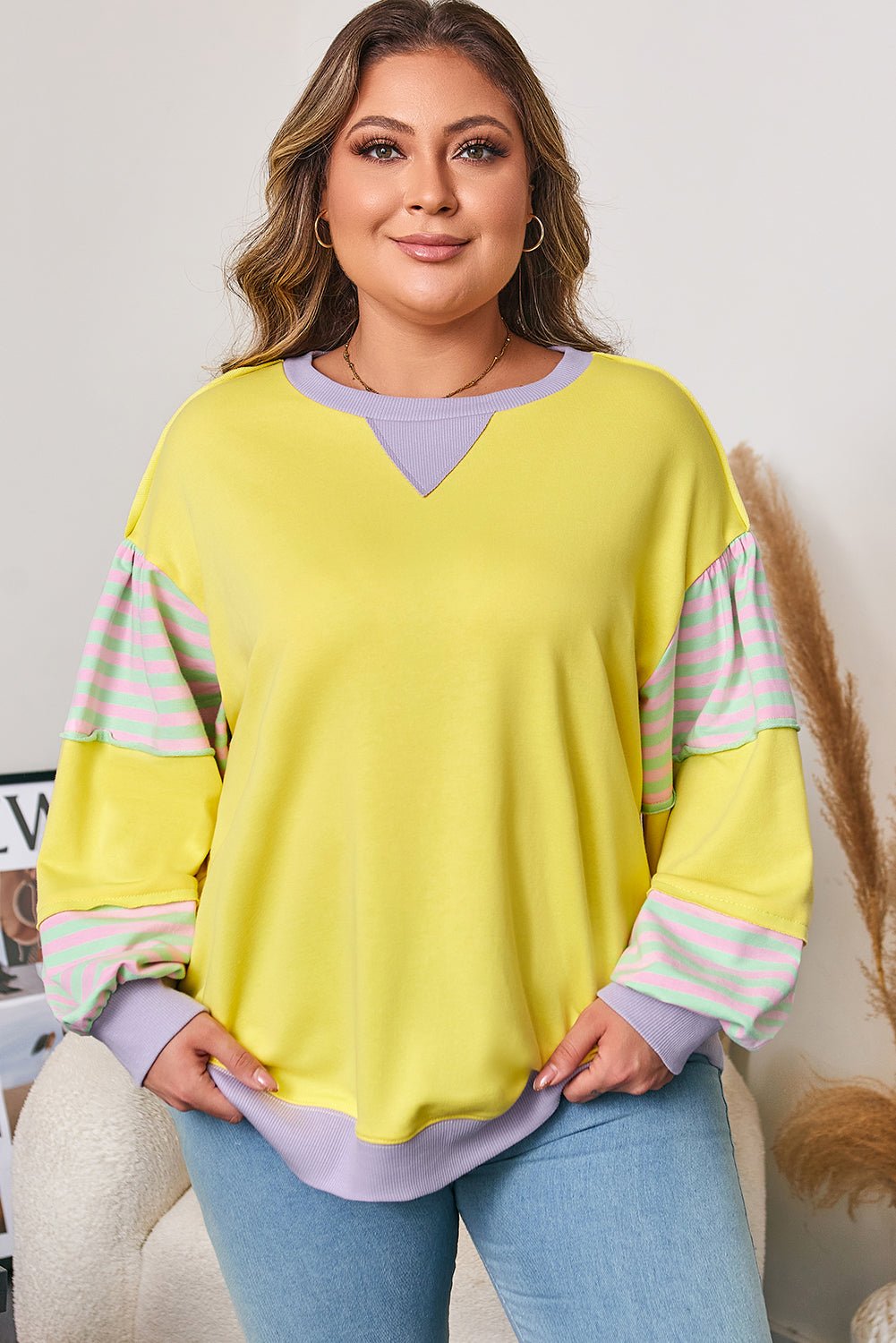 Plus Size Sweatshirt with Striped Color Block and Soft Fabric - CurveLoom