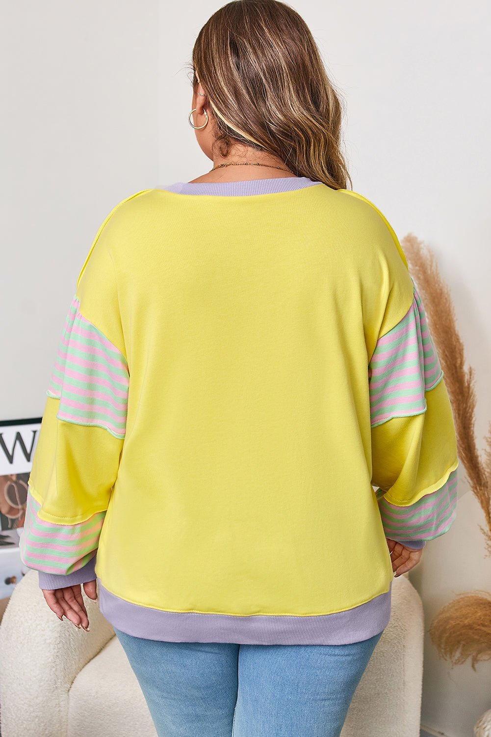 Plus Size Sweatshirt with Striped Color Block and Soft Fabric - CurveLoom