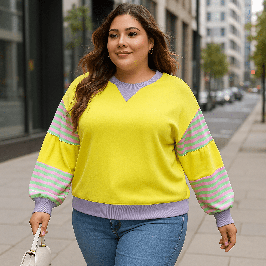 Plus Size Sweatshirt with Striped Color Block and Soft Fabric - CurveLoom