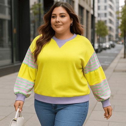 Plus Size Sweatshirt with Striped Color Block and Soft Fabric - CurveLoom