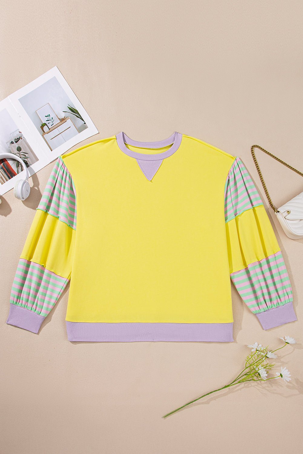 Plus Size Sweatshirt with Striped Color Block and Soft Fabric - CurveLoom