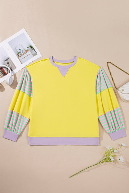 Plus Size Sweatshirt with Striped Color Block and Soft Fabric - CurveLoom