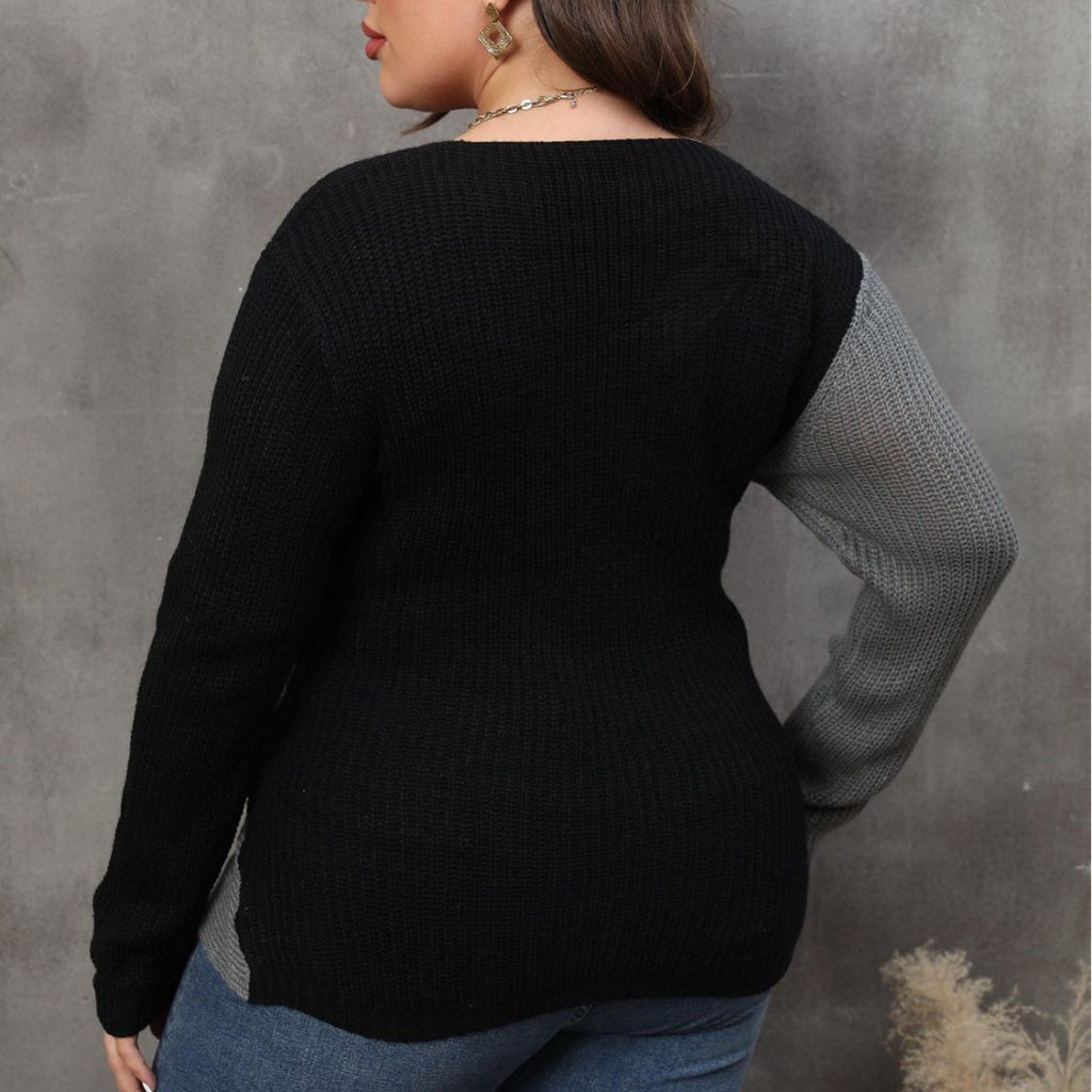 Plus Size Two - Tone Surplice Neck Sweater - CurveLoom