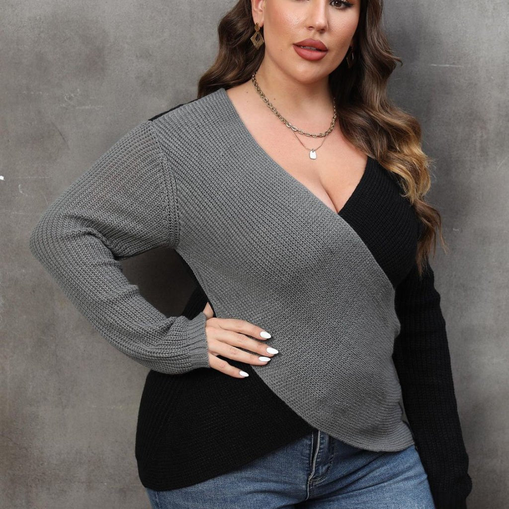 Plus Size Two - Tone Surplice Neck Sweater - CurveLoom