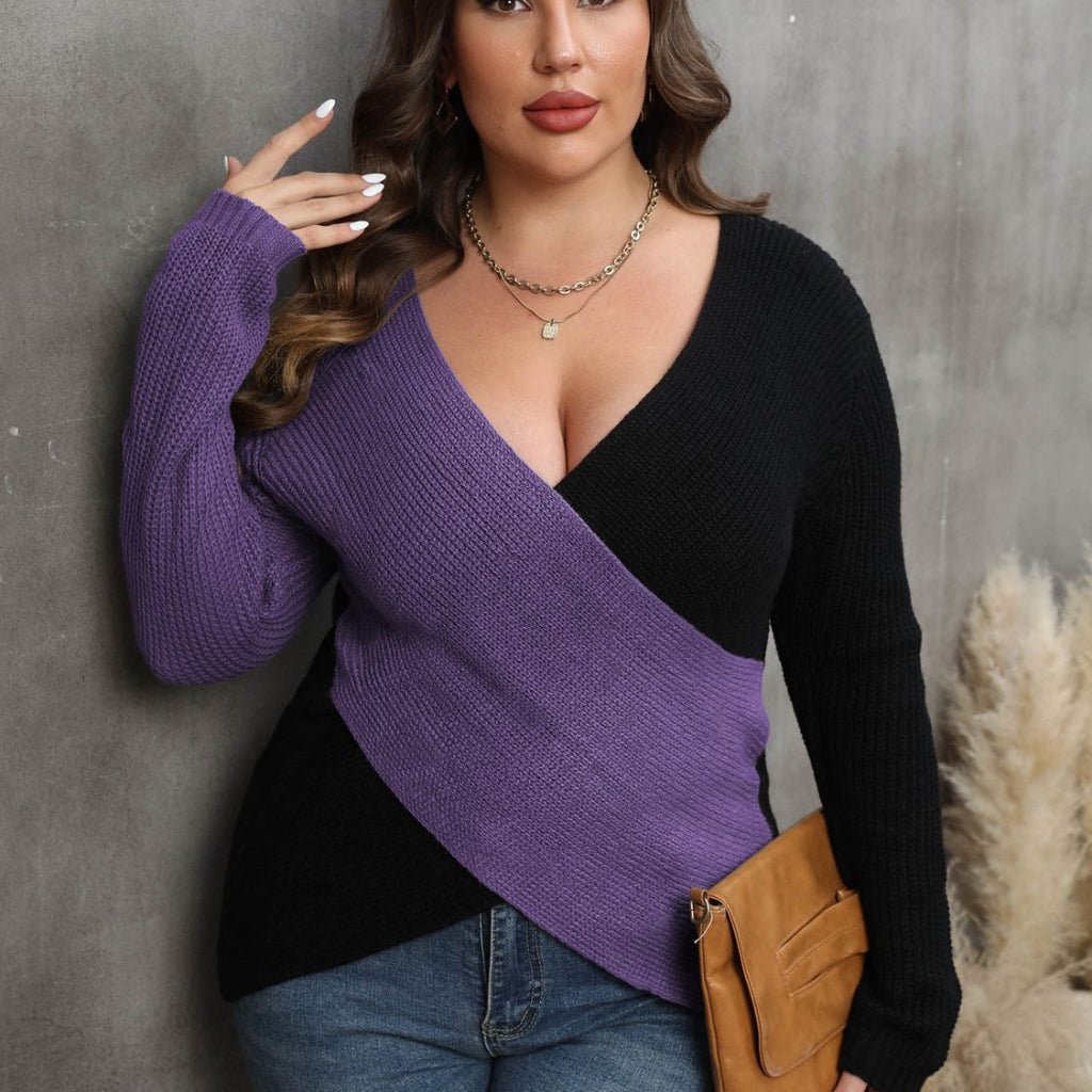 Plus Size Two - Tone Surplice Neck Sweater - CurveLoom