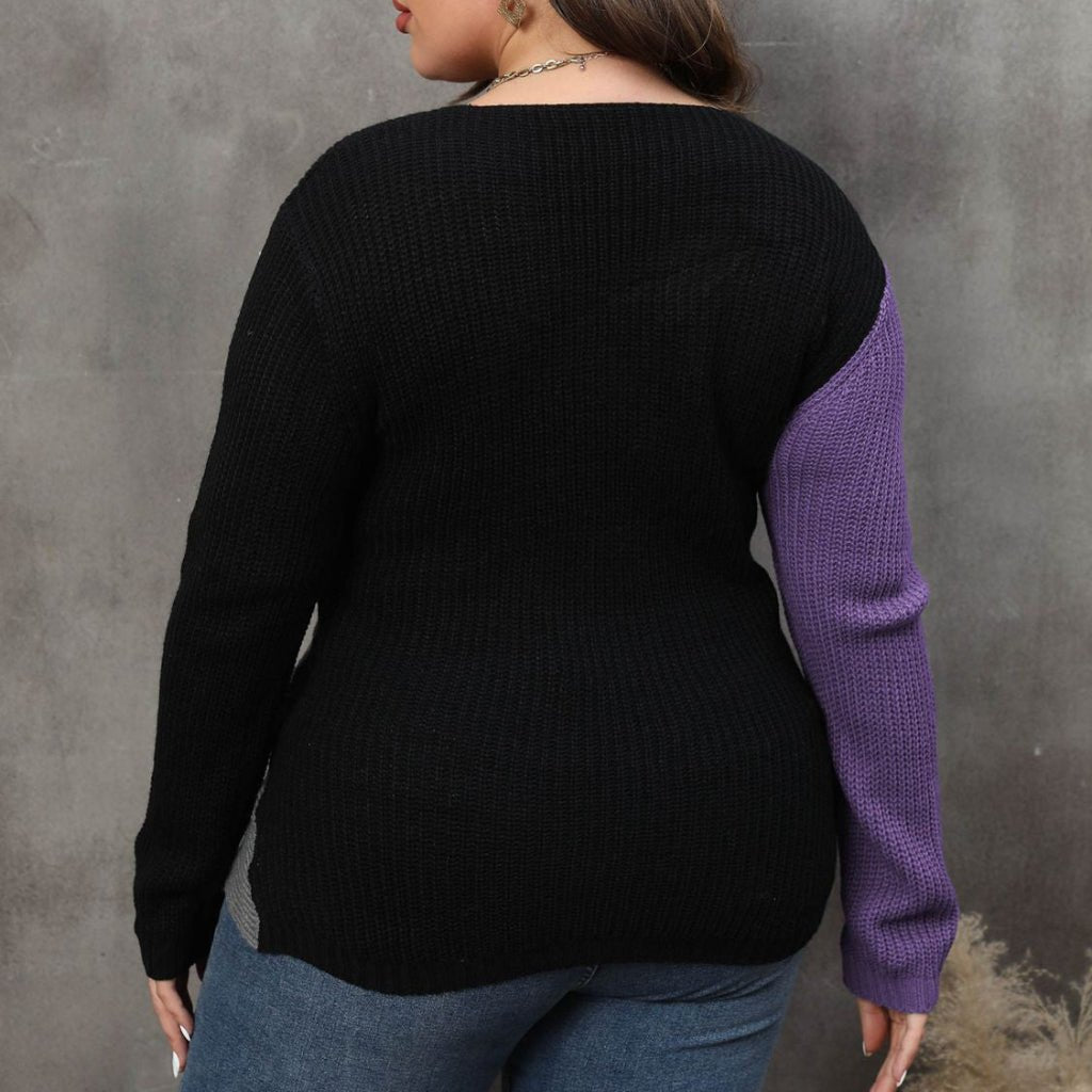 Plus Size Two - Tone Surplice Neck Sweater - CurveLoom