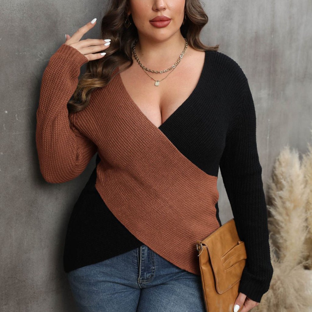 Plus Size Two - Tone Surplice Neck Sweater - CurveLoom
