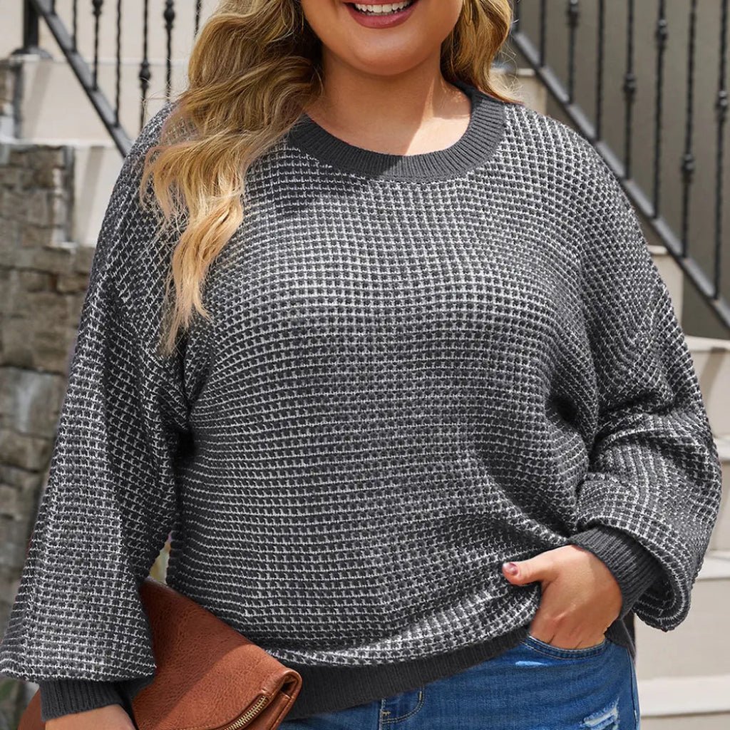 Plus Size Waffle - Knit Round Neck Sweater - CurveLoom