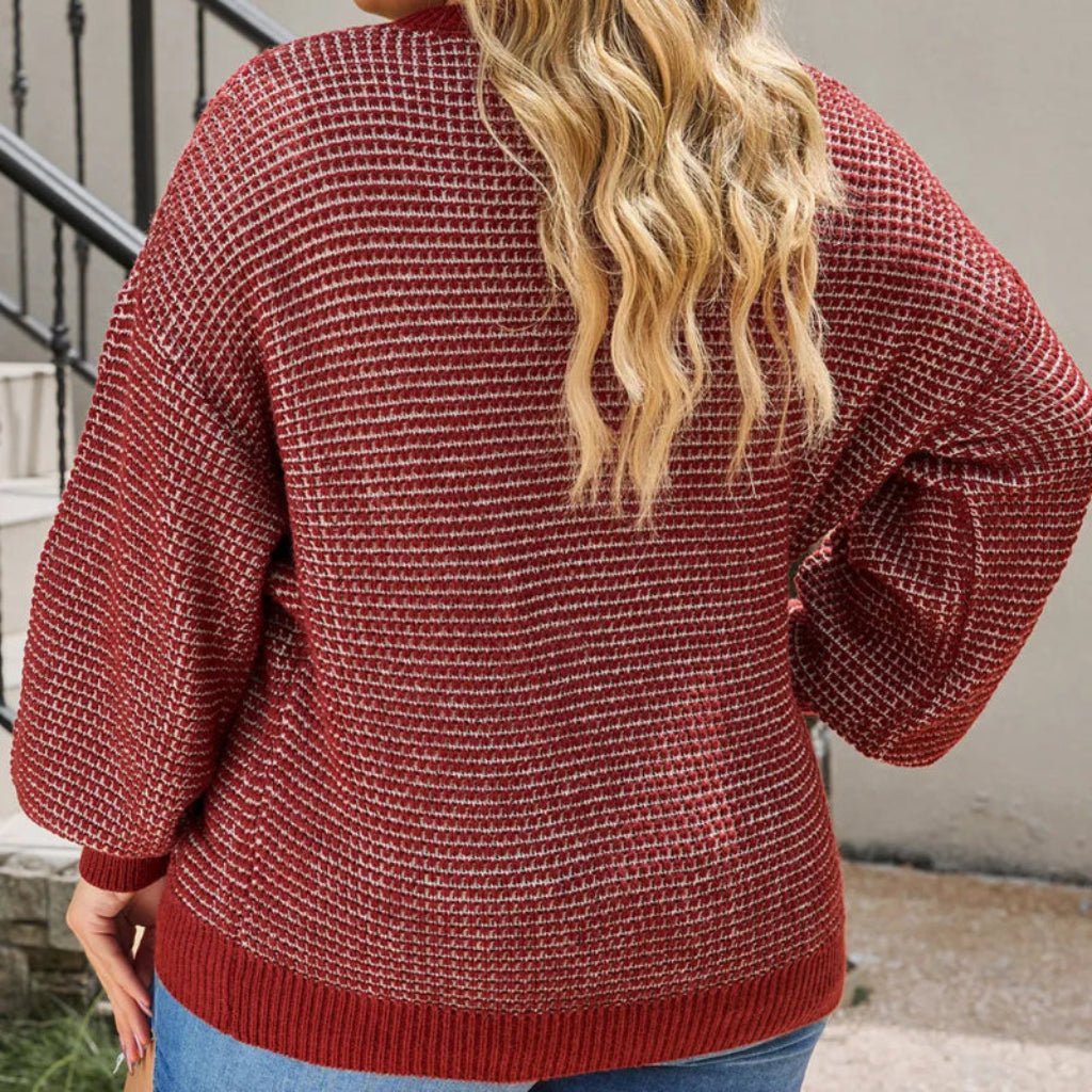 Plus Size Waffle - Knit Round Neck Sweater - CurveLoom