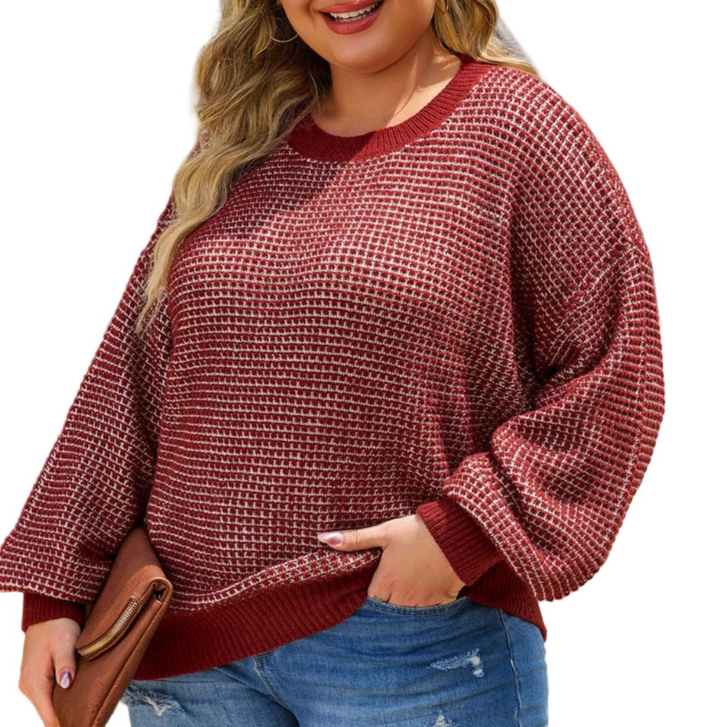 Plus Size Waffle - Knit Round Neck Sweater - CurveLoom