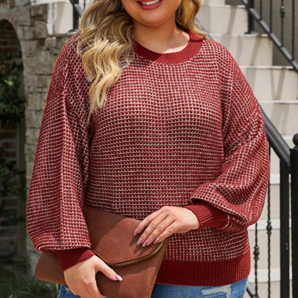Plus Size Waffle - Knit Round Neck Sweater - CurveLoom