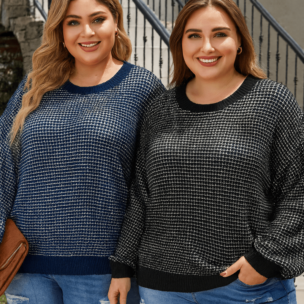 Plus Size Waffle - Knit Round Neck Sweater - CurveLoom