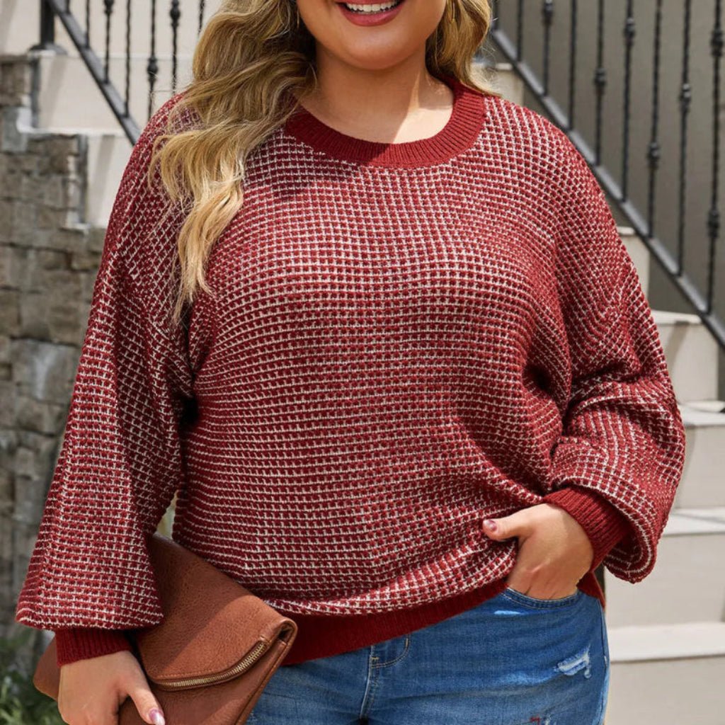 Plus Size Waffle - Knit Round Neck Sweater - CurveLoom