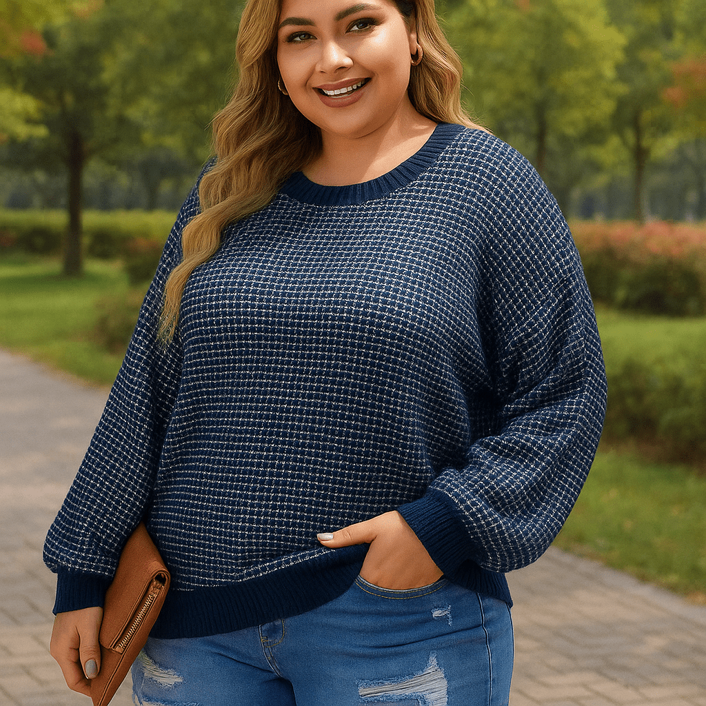 Plus Size Waffle - Knit Round Neck Sweater - CurveLoom
