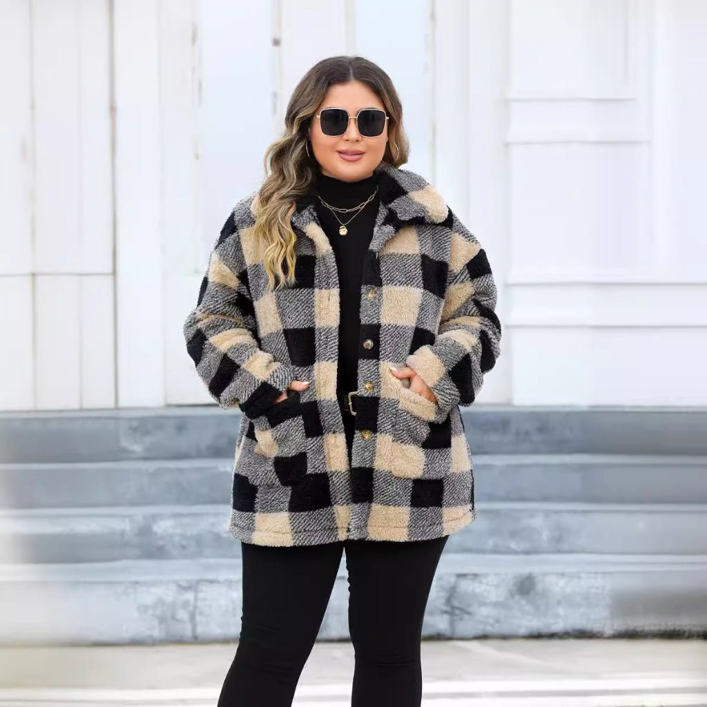 Plus Size Women’s Plaid Fleece Coat - CurveLoom