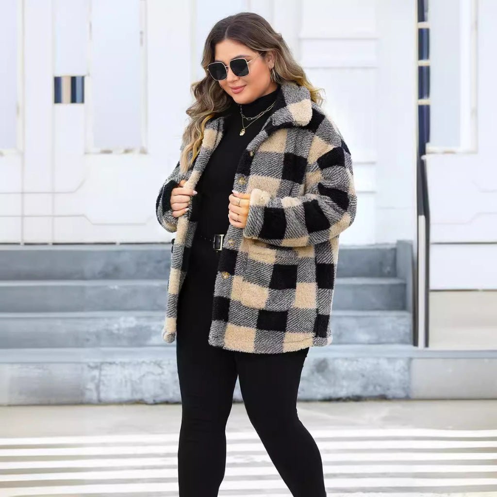 Plus Size Women’s Plaid Fleece Coat - CurveLoom