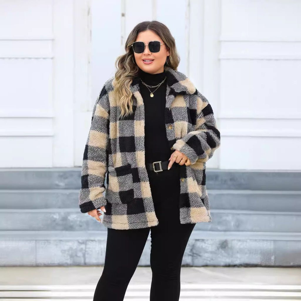 Plus Size Women’s Plaid Fleece Coat - CurveLoom