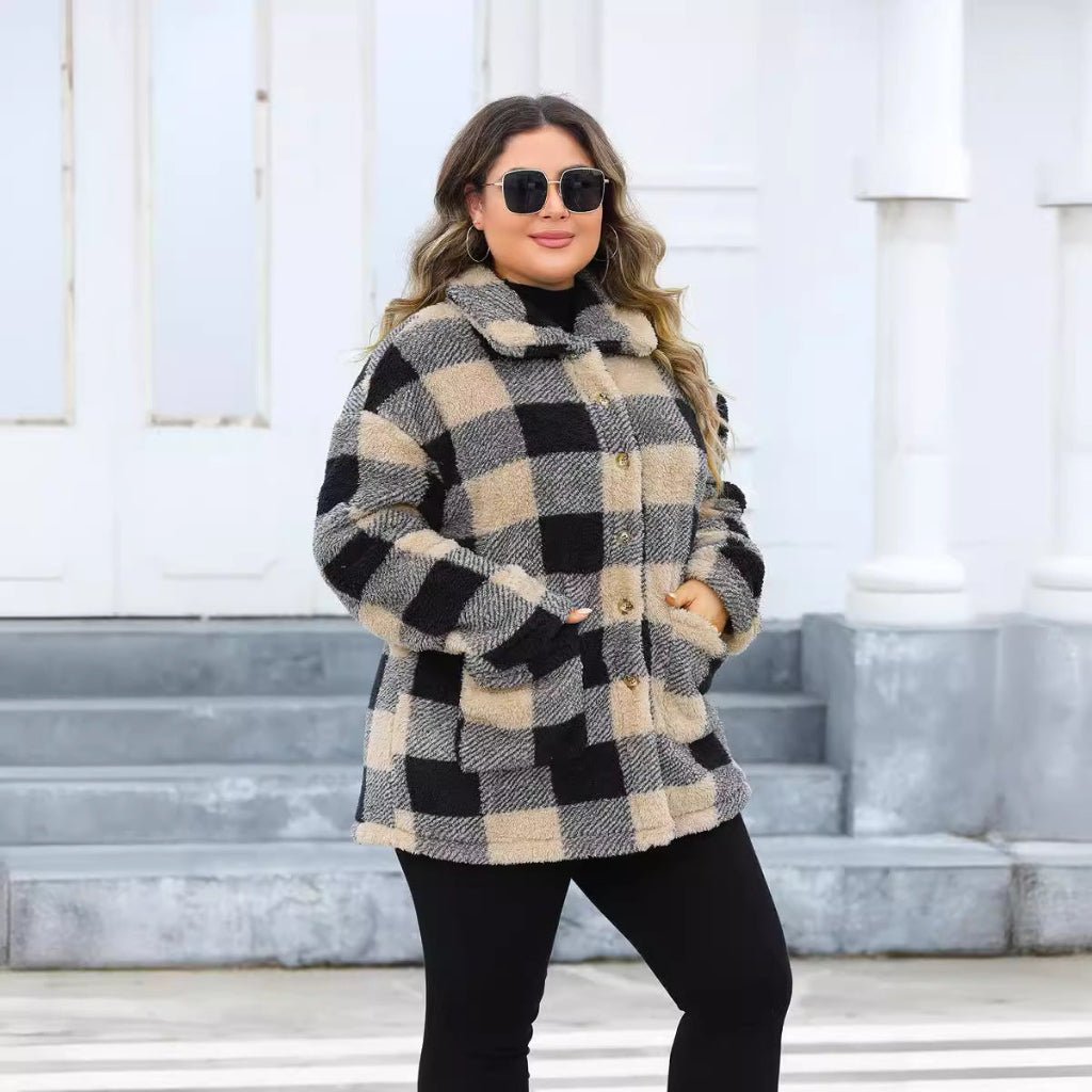 Plus Size Women’s Plaid Fleece Coat - CurveLoom